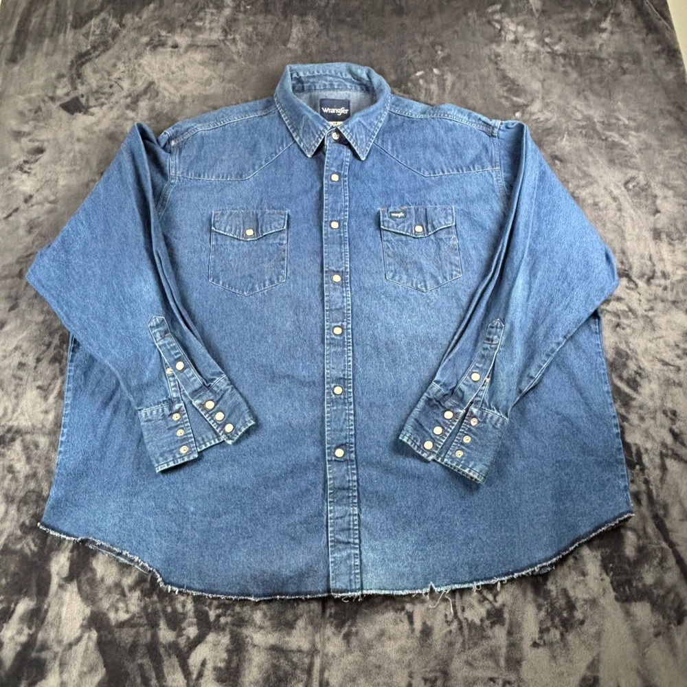 Wrangler Denim Western Shirt Mens 3X Blue Pearl Snap Raw Hem MS70119
